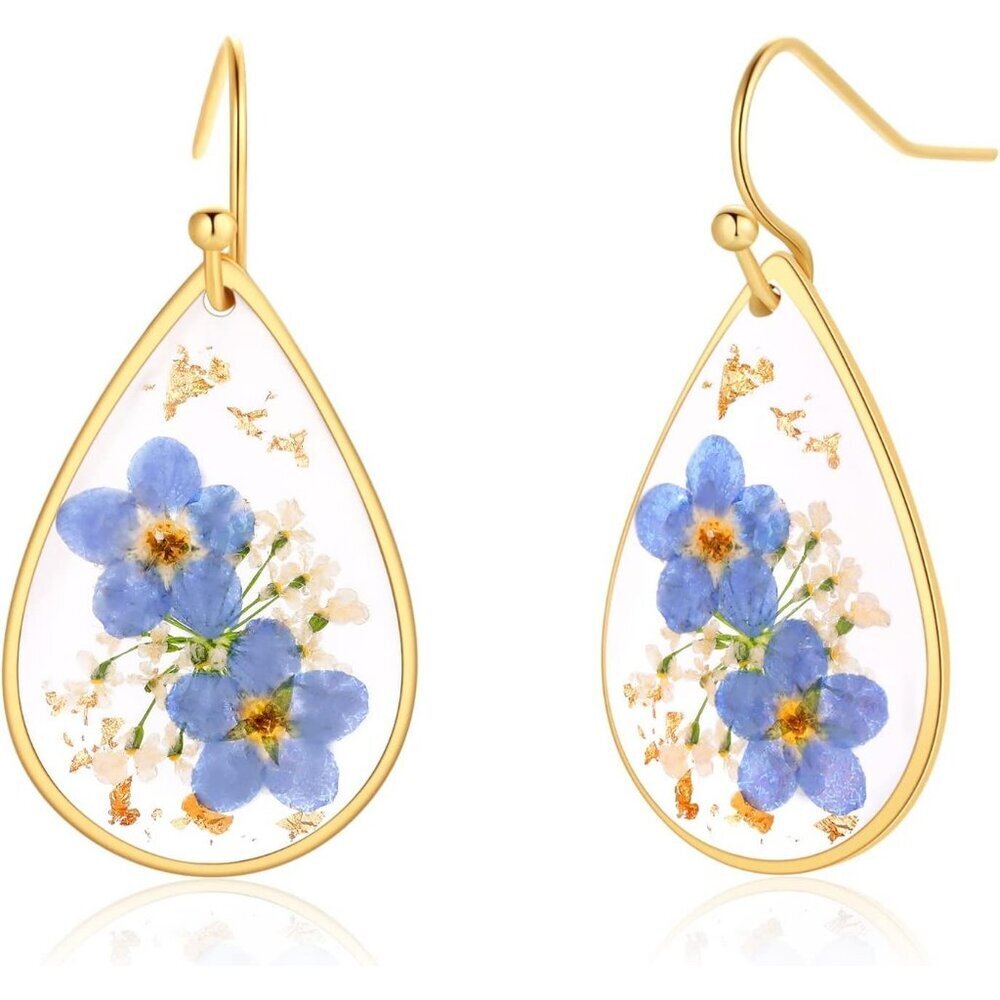 Women's Blue Forget-Me-Not and Queen Anne's Lace Pressed Wildflower Earrings